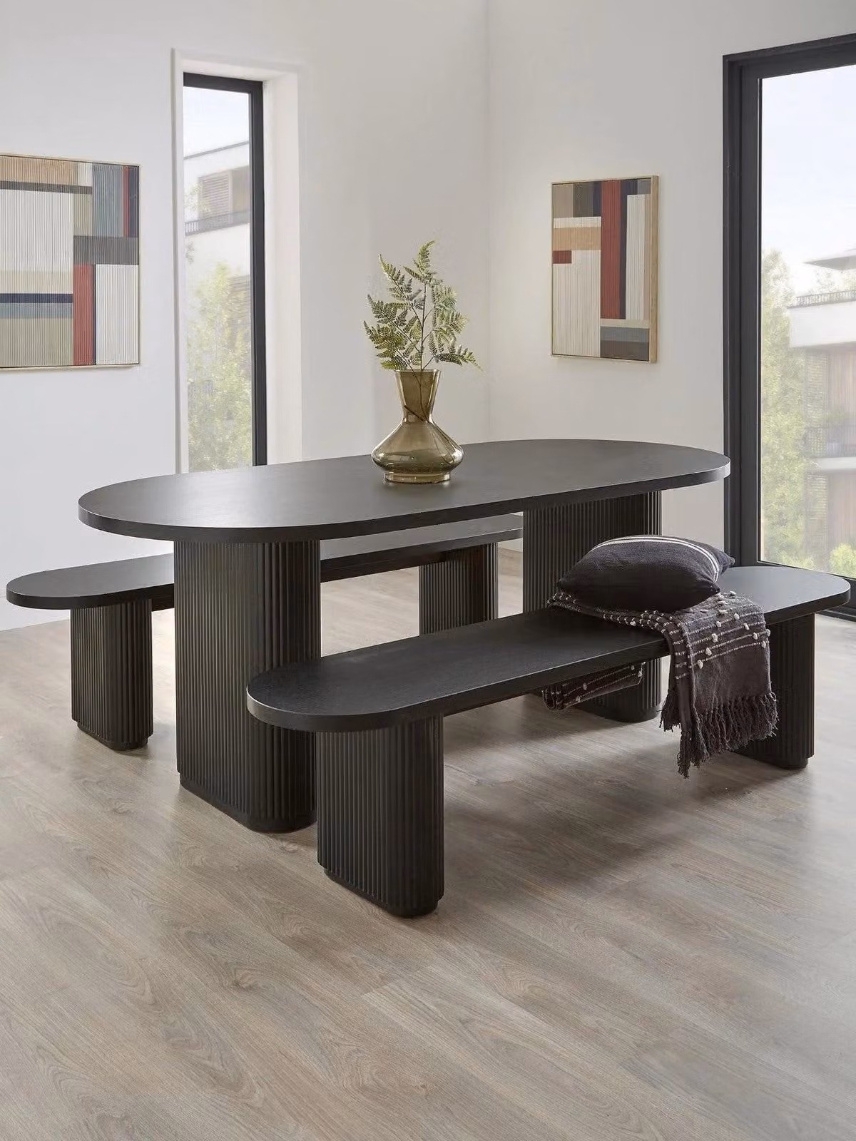 Carina Oval Dining Table and Bench Set in Black, MDF and Metal
