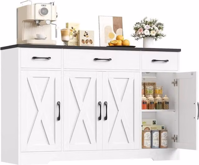 PAWNORA Modern Sideboard Storage Cabinet in White and Black, Width: 140 cm