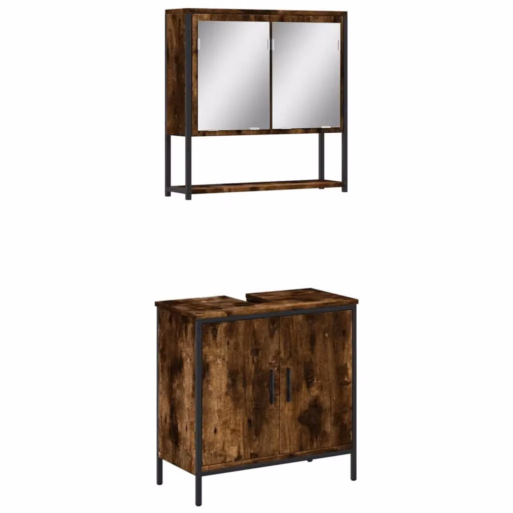 Berkfield Home 2 Piece Industrial Bathroom Furniture Set in Smoked Oak Brown featuring Mirror Cabinet and Vanity Unit – 2