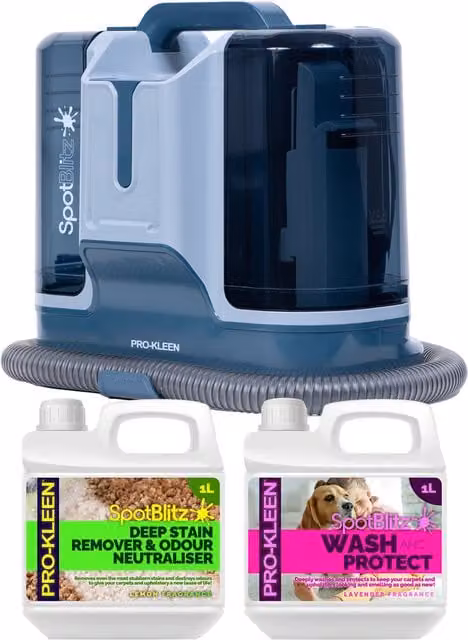 Pro-Kleen Carpet Washer, Spot Cleaner and Vacuum in Silver and Multicolour with 5 Attachments and Lemon and Lavender Cleaning Solutions