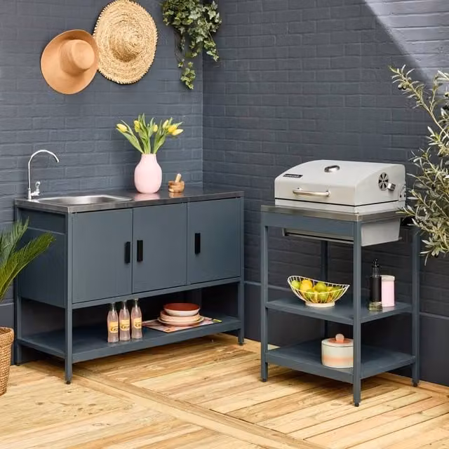 sweeek Outdoor Kitchen with Charcoal Barbecue and 2 Sink Modules in Grey and Stainless Steel