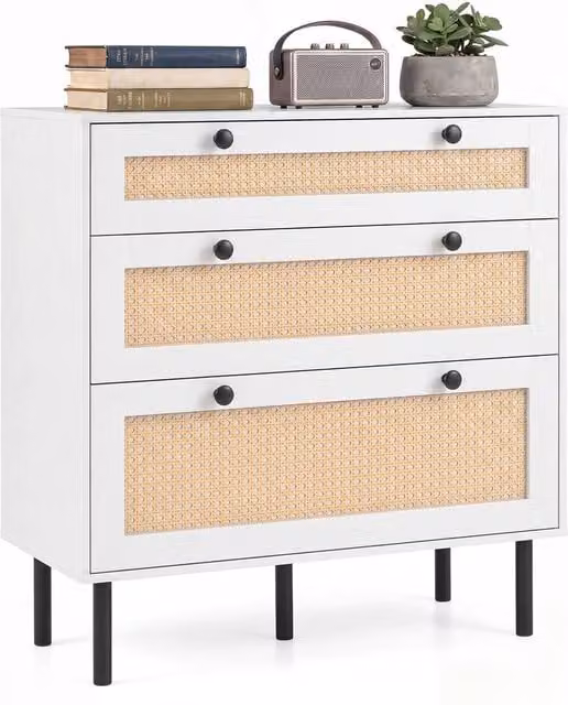 Gymax Boho Rattan Modern Chest of Drawers with 5 Metal Legs in White, Width: 75 cm – 1