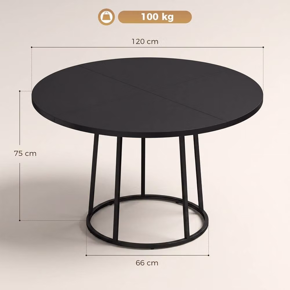 STILVORA Round Dining Table with Black Metal Base, Diameter: 120 cm – 4