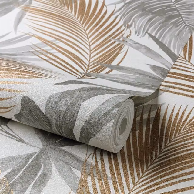 Grandeco Wild Palm Metallic Textured Wallpaper in Grey and Green – 1