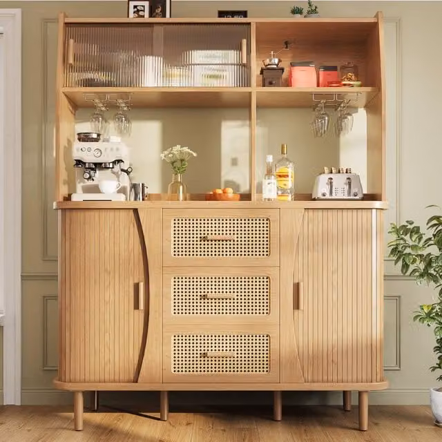 Merax Wood Effect Kitchen Pantry Cabinet and Coffee Bar in Natural Brown with Sliding Glass Doors, H: 174.5 cm, W: 140.0 cm, D: 40.5 cm – 1