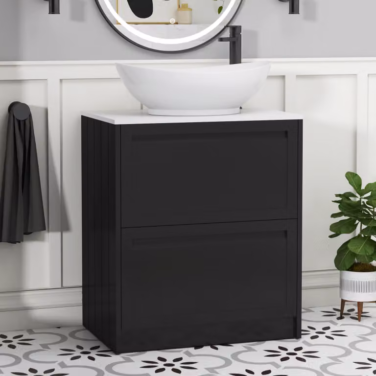 Royal Bathrooms Elmore 700mm Matt Nocturne Black Floor Standing 2 Drawer Vanity Unit with Plain White Worktop and Amaze Basin