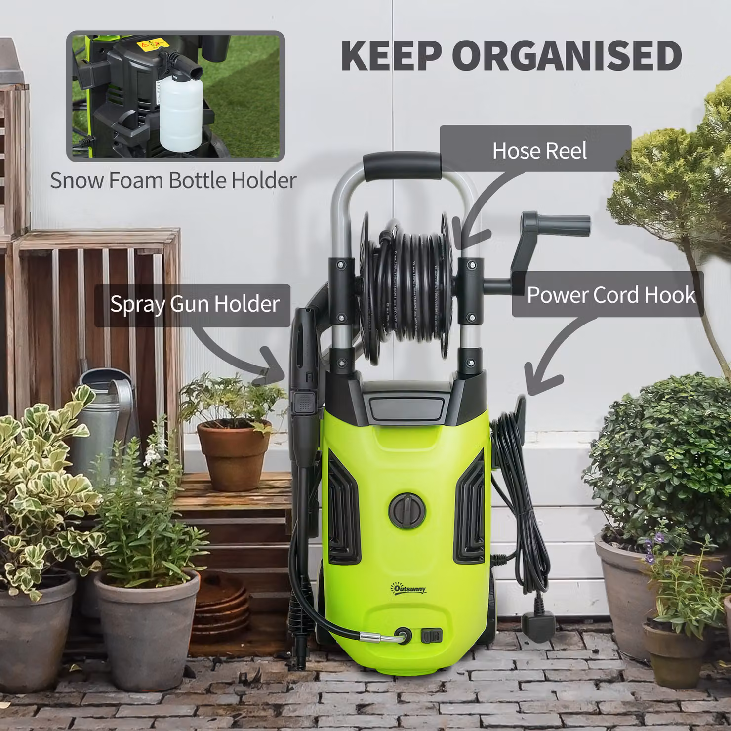 Outsunny 1800W High Pressure Washer in Green with 150 Bar Pressure, 420 L/h Flow, Adjustable Nozzle, 6M Hose and Hose Reel – 5