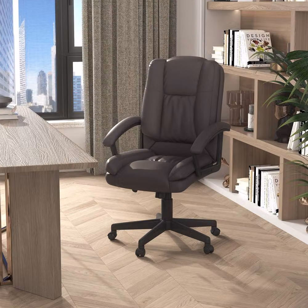 Rolipo Brown PU Leather Swivel Task Office Chair with Adjustable Height – 3
