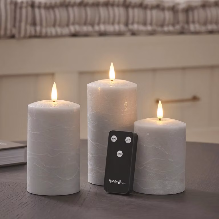 TruGlow Grey Distressed Vintage Wax Pillar Candle Trio with Remote Control and Timer