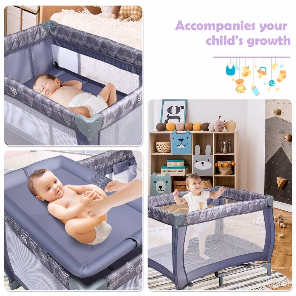 Costway Portable Baby Cot Bed and Infant Changing Table Playpen with Storage Shelves and Hanging Toys in Grey – 5
