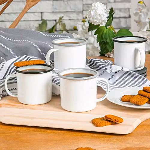 Argon Tableware White Enamel Mugs, Black, Set of 6, 375ml – 3