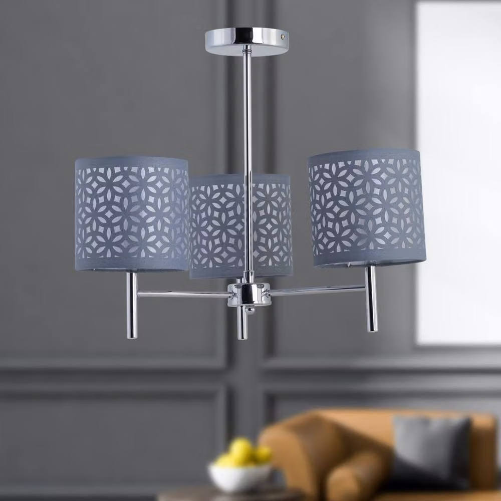 First Choice Lighting Brea Chrome 3 Light Ceiling Fitting with Grey Fabric Shades – 3