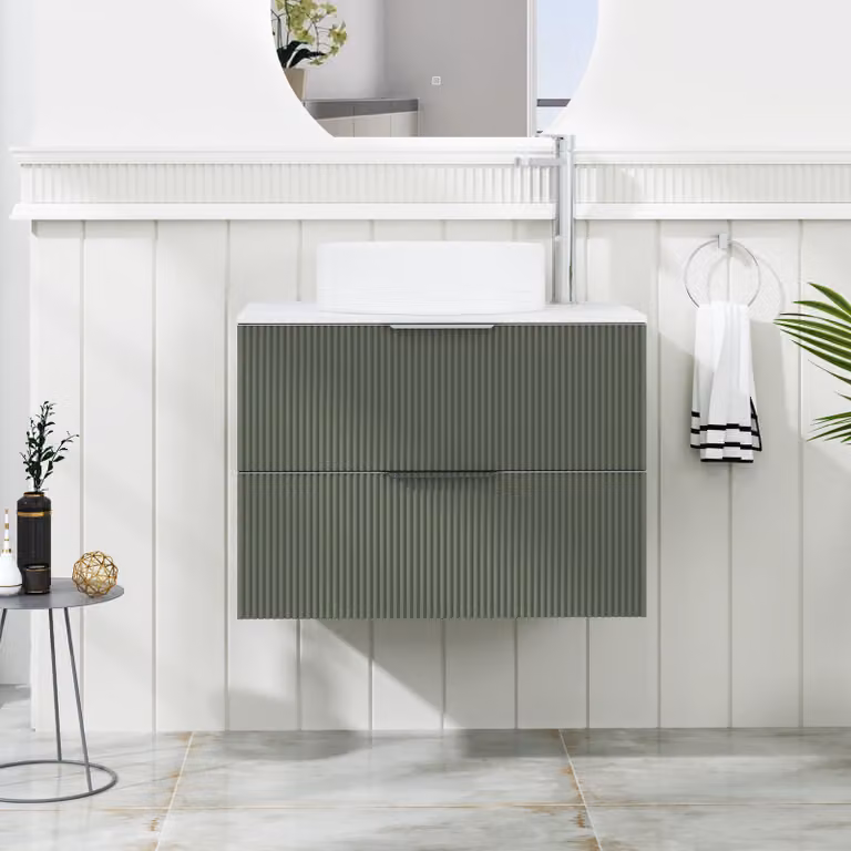 Royal Bathrooms Evora 700mm Sage Green Fluted Wall Hung Countertop Vanity Unit with 2 Drawers and Art Basin