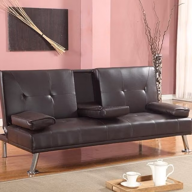 Comfy Living Brown Faux Leather Click Clack Sofa Bed with Cup Holder