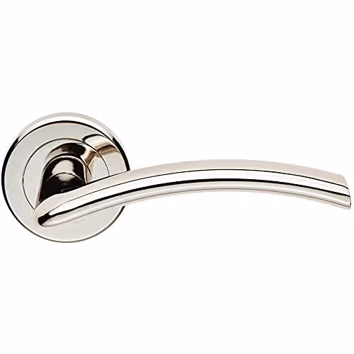 Loops Pair of Flat Arched Style Lever Door Handles on Round Rose with Concealed Fixings in Polished Nickel