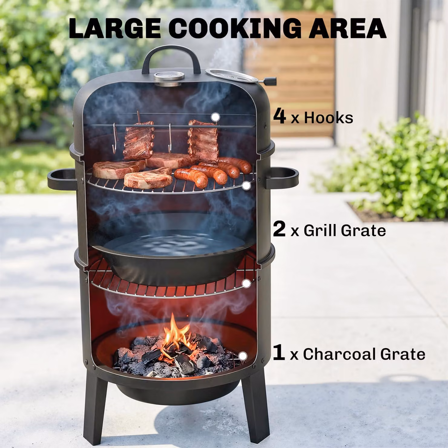 Outsunny 3-in-1 Vertical Charcoal Smoker in Black with Built-in Thermometer and 2 Grill Grates, W/D/H: 52.0 x 41.5 x 81.0 cm – 5