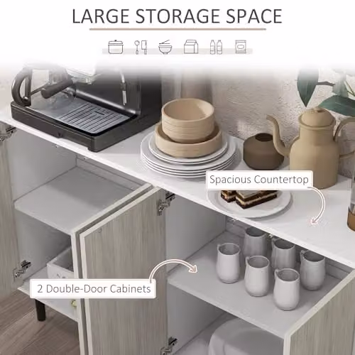 HOMCOM Modern White and Grey Kitchen Sideboard Storage Cabinet with 4 Doors, Adjustable Shelves and Pine Wood Legs, W/D/H: 121 x 37 x 75 cm – 3