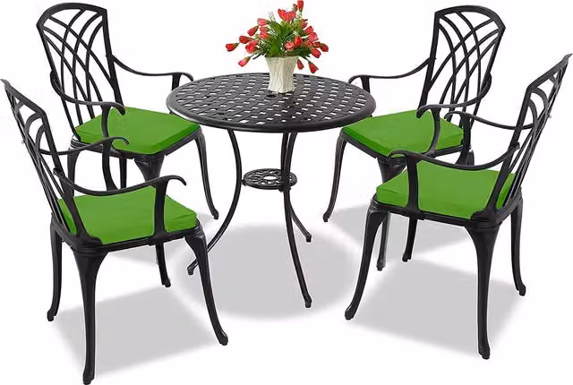Oshowa Black Metal Bistro Set with 4 Chairs and Green Cushions