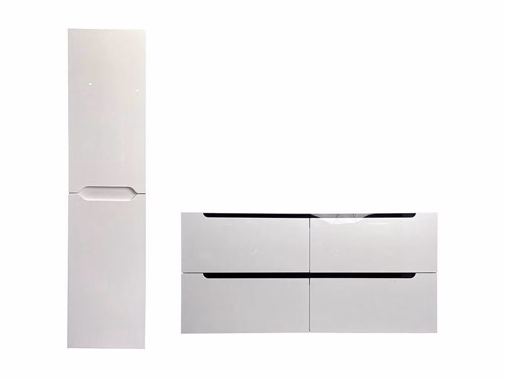 Vente-unique Modern White Lacquered Suspended Bathroom Vanity Unit and Tall Cabinet with Double Built-in Stone Basins, W/D/H: 120 x 46 x 57 cm – 2