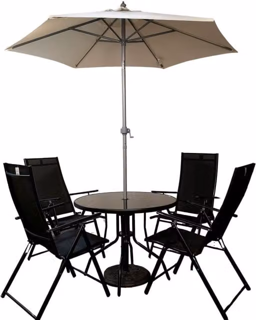 Samuel Alexander 4 Person Round Glass Top Patio Dining Set with Cream Parasol in Black