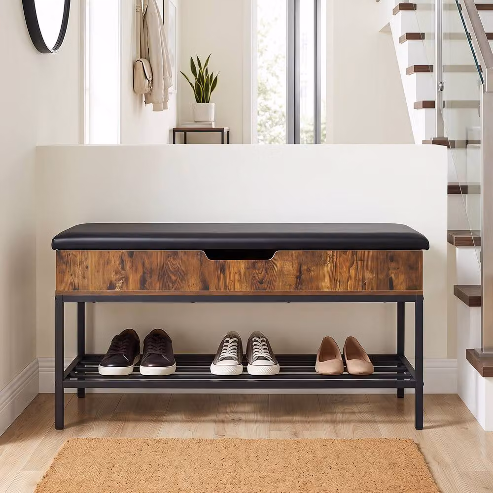 Gymax Brown Faux Leather Shoe Storage Bench with Lift Top and Shelf, Width: 100 cm – 3