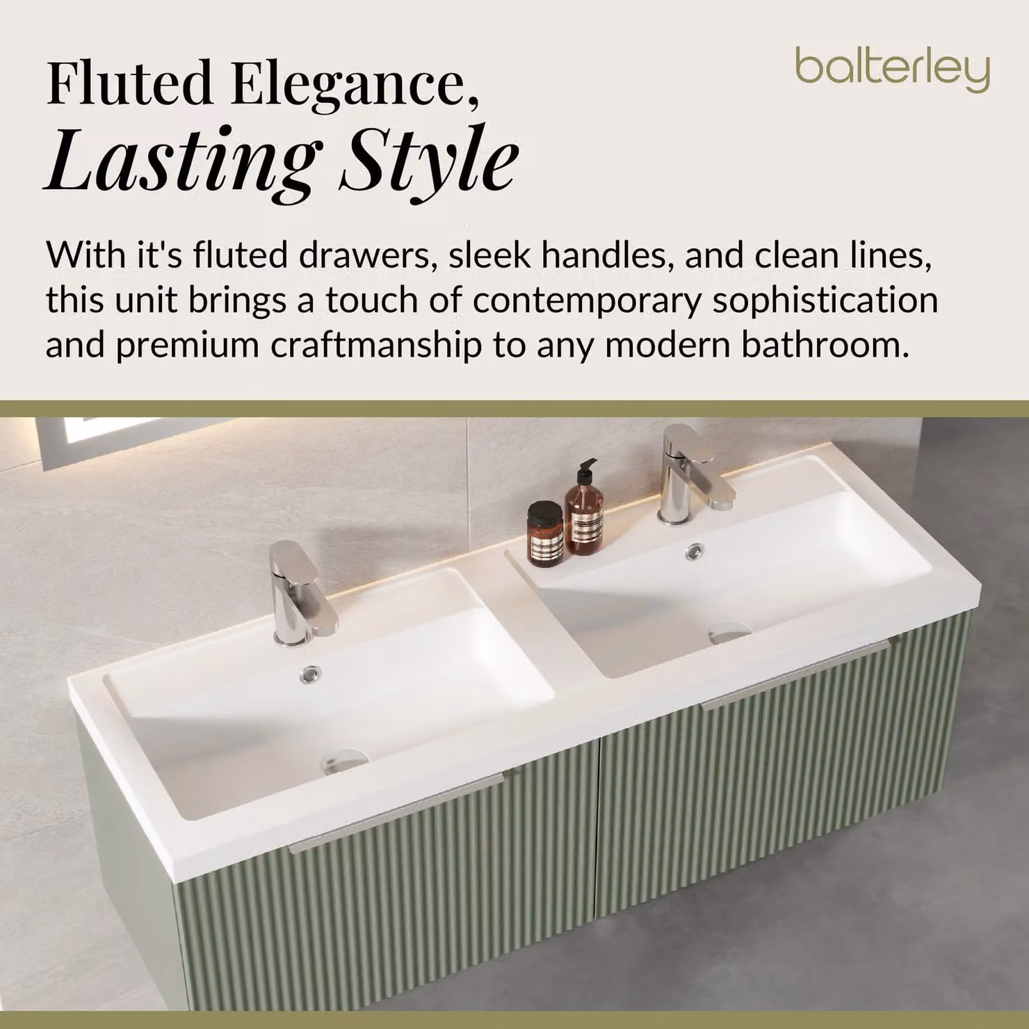 Balterley Fluted Wall Hung 2 Drawer Vanity Basin Unit and Basin, Satin Green, Width: 120 cm – 2