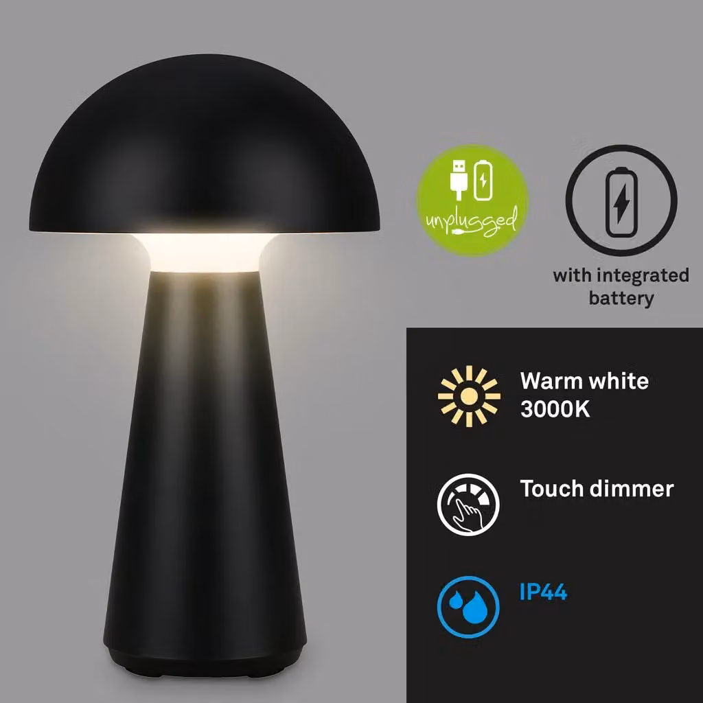 Briloner Rechargeable LED Mushroom Table Lamp, Dimmable Touch Control Wireless Night Light, Matt Black, W/D/H: 28 x 16 x 16 cm – 2