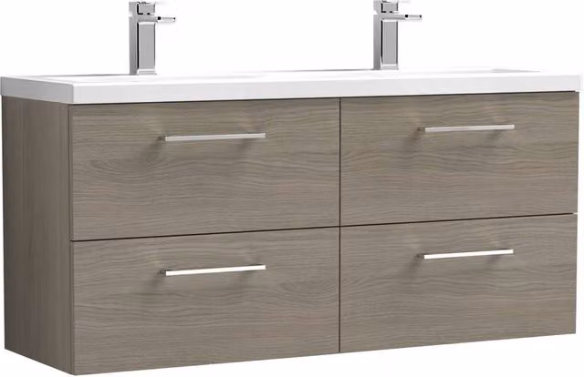 Balterley Solace Oak 1200mm Wall Hung Double Basin 4 Drawer Vanity Unit in Brown