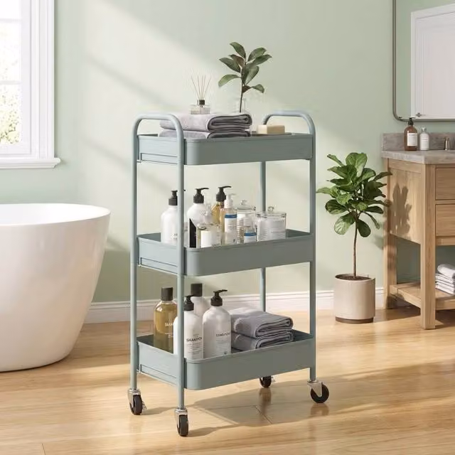 STILVORA Blue Metal Storage Trolley with Three Baskets