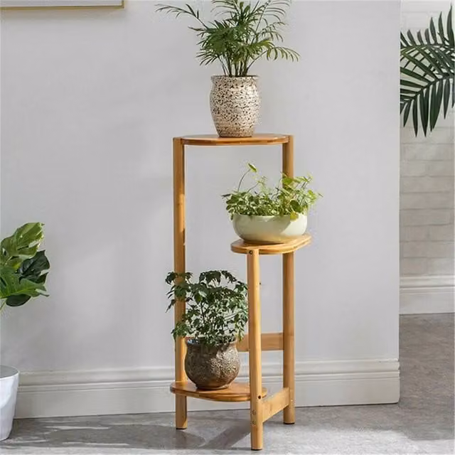 Nordara Wood 3 Tier Bamboo Corner Plant Stand in Sand/Beige, H 75.0 cm x W 32.0 cm x D 32.0 cm