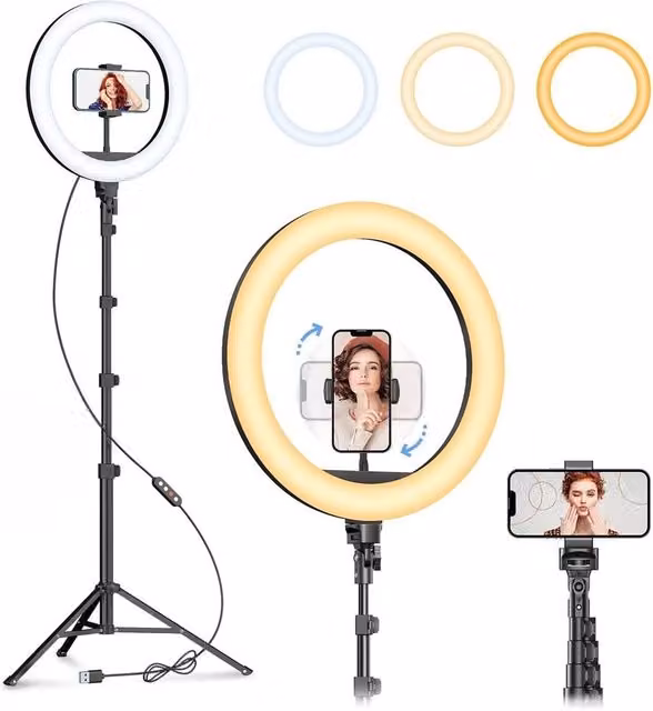 Nordara 12 Inch LED Ring Light with Height Adjustable Tripod Stand and Phone Mount in Black – 1