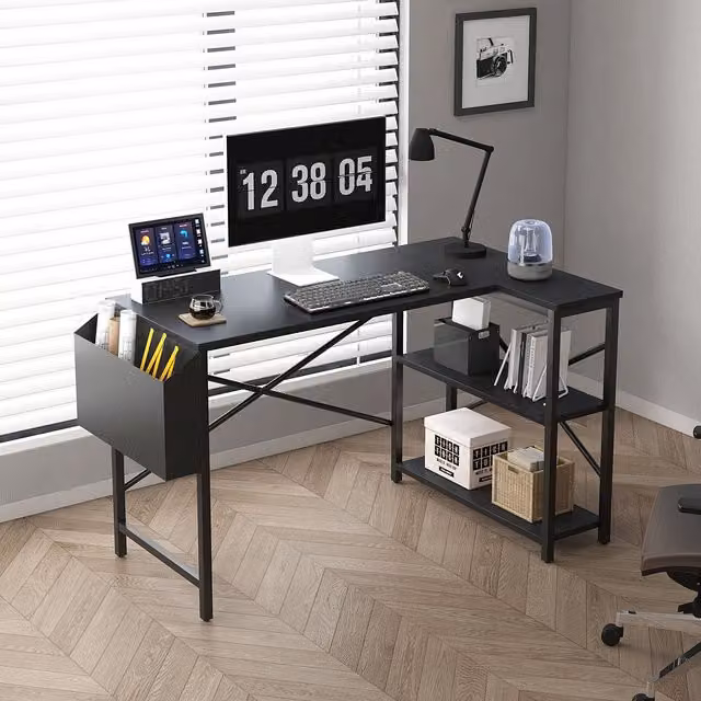 MCC Direct Lotus L-Shaped Corner Computer Desk with Adjustable Shelves, Black, 120 cm – 1