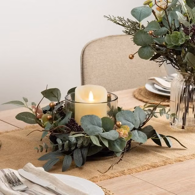 Scottish Everlastings Ltd Rustic Eucalyptus Green Glass Pillar Candle Holder, Height: 30 cm – 1