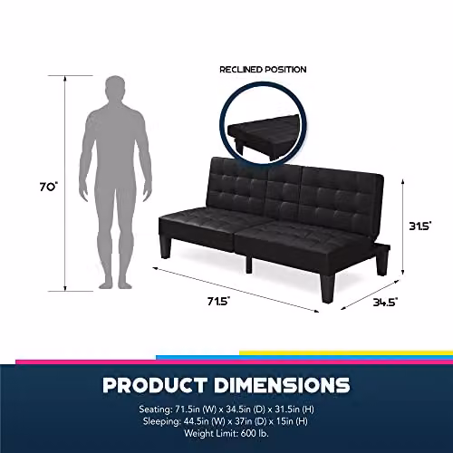DHP Furniture Adalynn Convertible Sofabed in Black Faux Leather, W/D/H: 182 x 88 x 80 cm – 2