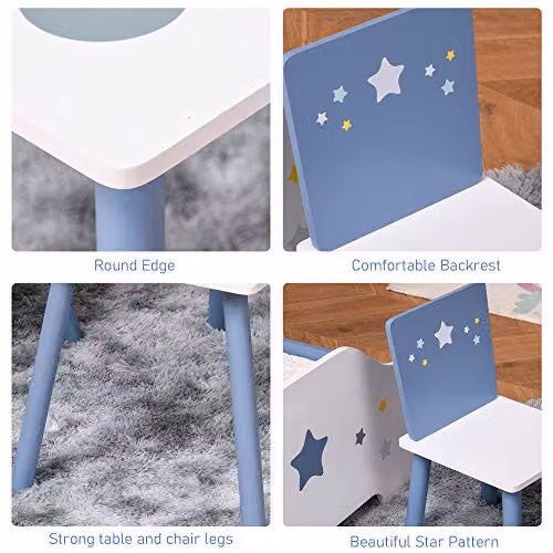 HOMCOM 3 Piece Kids Table and Chairs Set in Blue and White with Pine Wood Legs and Star Design – 3