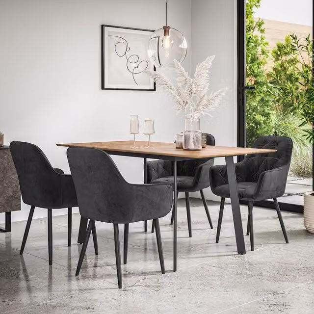 More4Homes Haydon Extending Dining Table and Anika Velvet Dining Chair Set of 4, Oak Effect and Black with Grey Chairs, W/D/H: 120 x 80 x 76 cm – 1