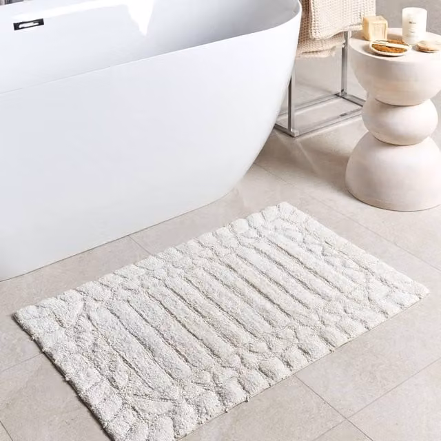 Wyld and Coco Beige Cotton Bath Mat with Geometric Pattern, W: 60 cm x D: 90 cm