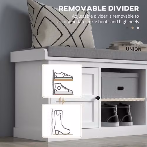 HOMCOM White Shoe Bench with Fabric Cushioned Seat and Adjustable Shelves for Hallway – 4