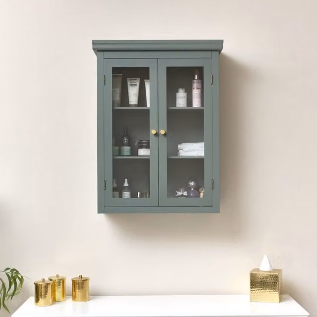 Melody Maison Dark Green Lacquered Wall Mounted Cabinet with Glass Doors and Gold Details W/H: 75 x 57 cm