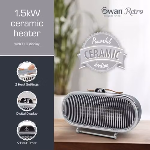 Swan 1.5kW Retro Ceramic Fan Heater with Thermostat, Timer and Remote Control, Grey – 2