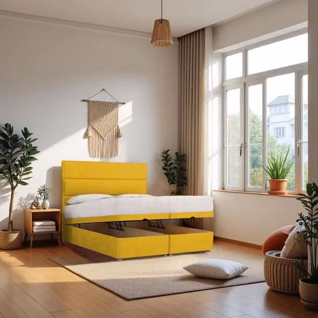 Knight Sleep York End Opening Ottoman Bed with Orthopaedic Hybrid Mattress and 24 inch Headboard in Mustard, W/D/H: 120 x 200 x 75 cm