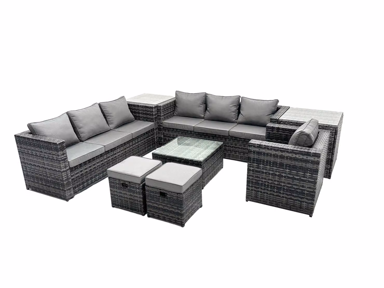 Fimous 9-Seater Patio Coffee Table Sofa Set with 2 Side Tables and 2 Small Stools in Dark Grey – 2
