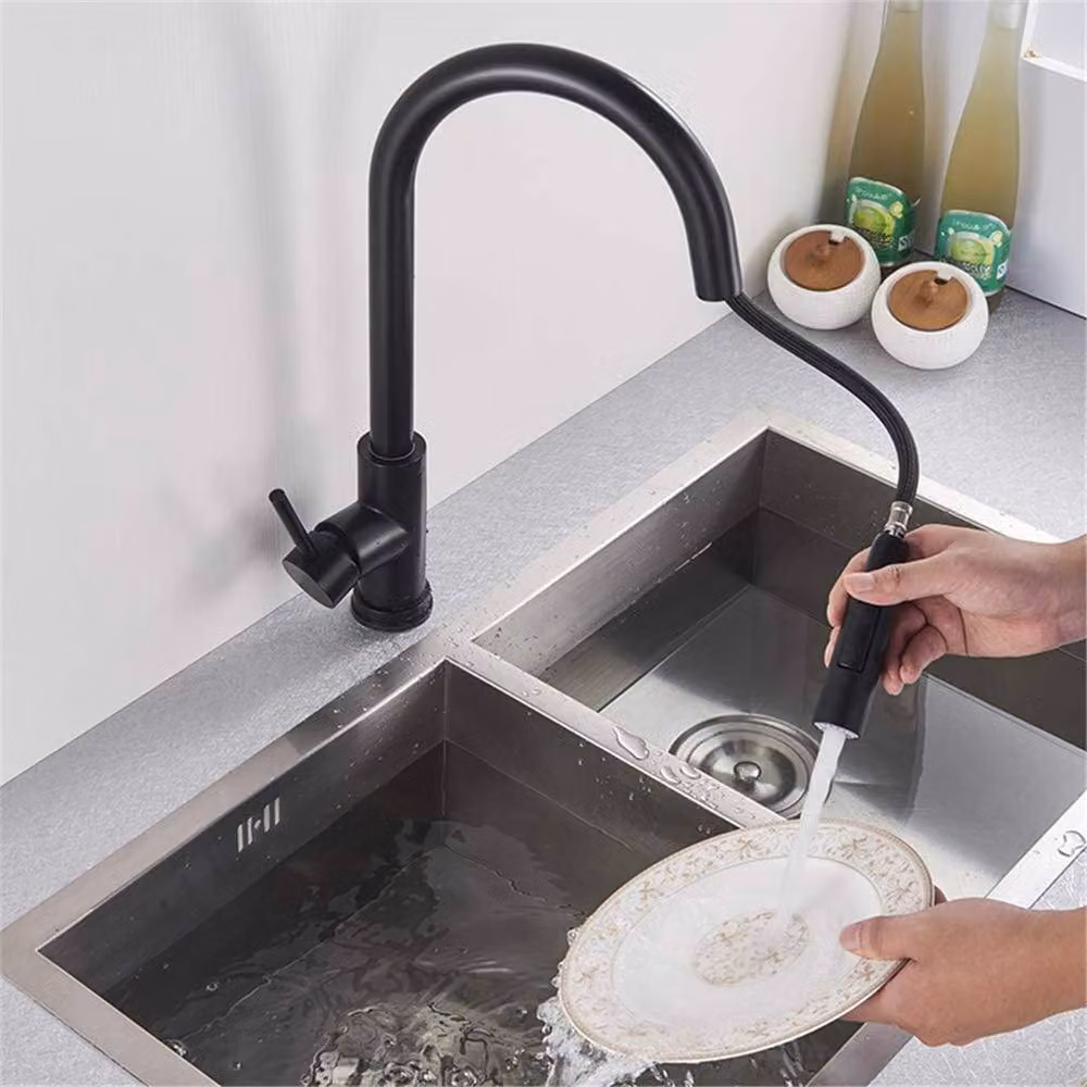 Hinsinc Black Stainless Steel Kitchen Faucet with Single Lever and Pull Out Swivel Spout – 3