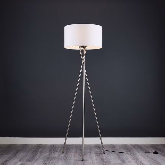 Camden Brushed Chrome Tripod Floor Lamp with White Fabric Drum Shade and Bulb