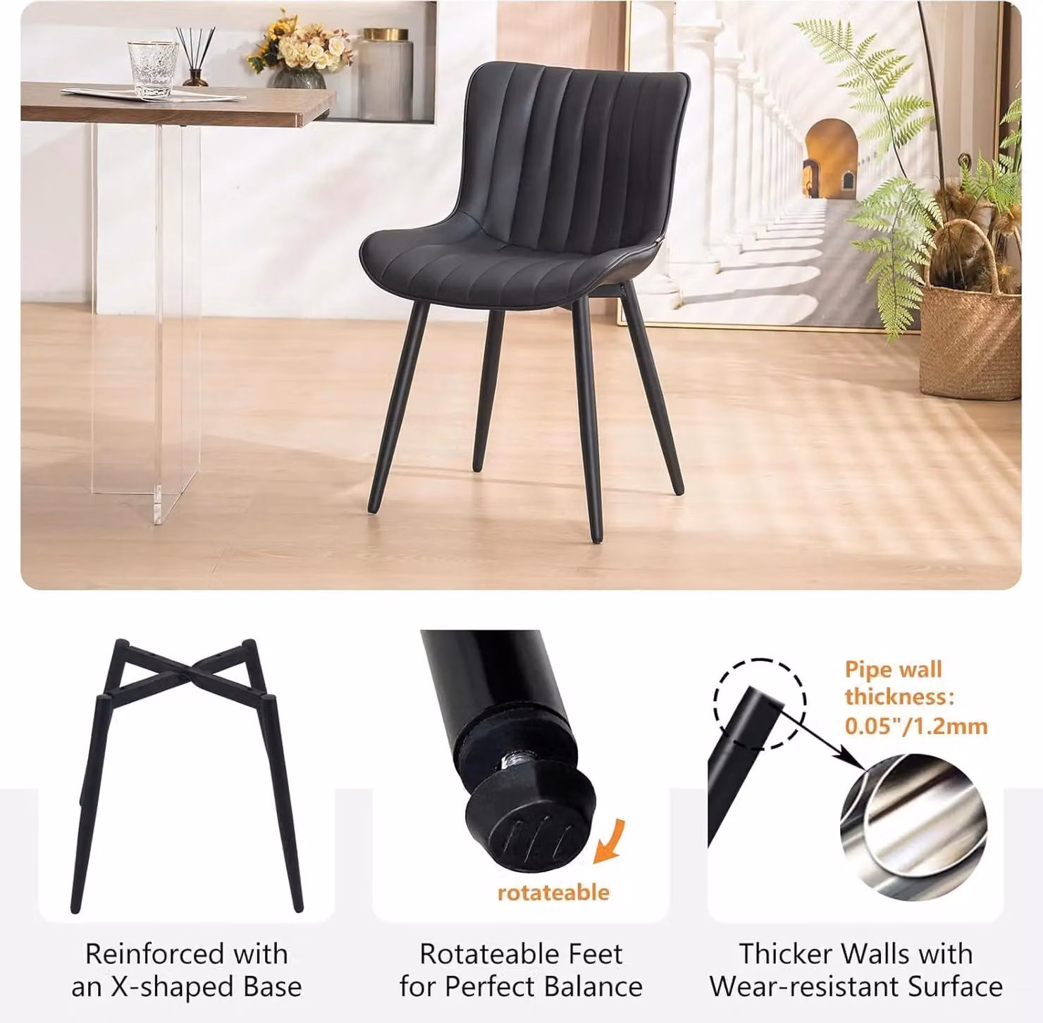 Xample Set of 2 Modern Padded Dining Chairs in Black Synthetic Leather with Metal Legs – 5
