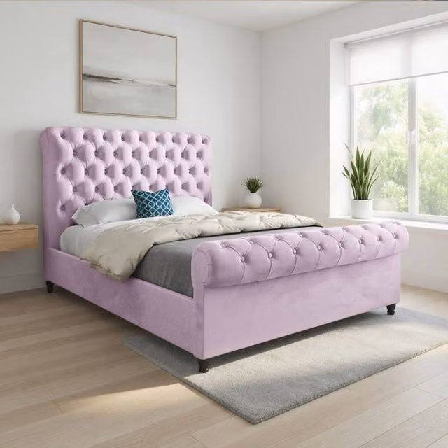 Casani Stourpaine Sleigh Upholstered Bed Frame in Pink Soft Velvet, W/D/H: 140 x 200 x 119 cm – 1