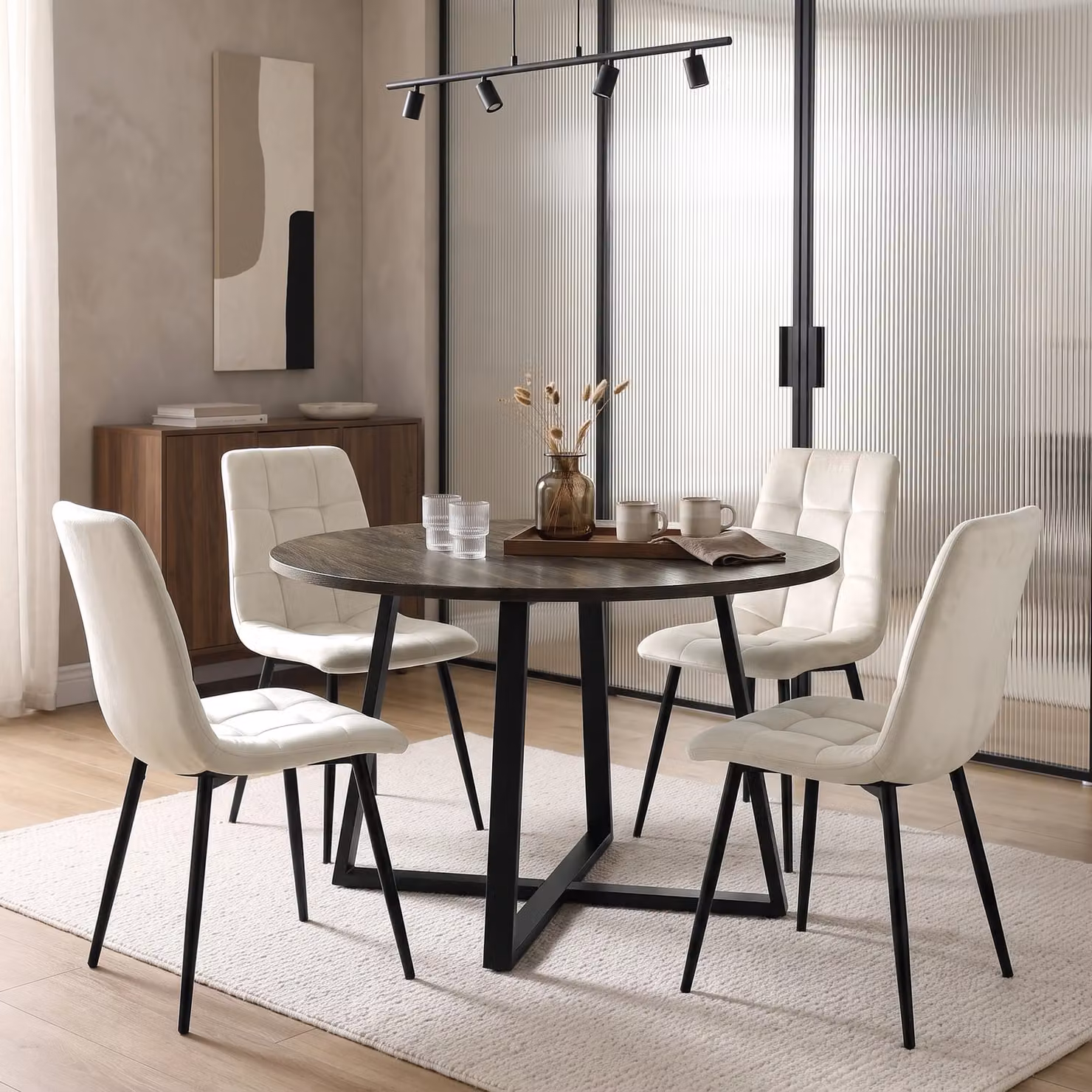 DHS Modern Round Dining Table Set with 4 Chairs in Black, Beige and Brown, Diameter: 110 cm, Height: 75 cm