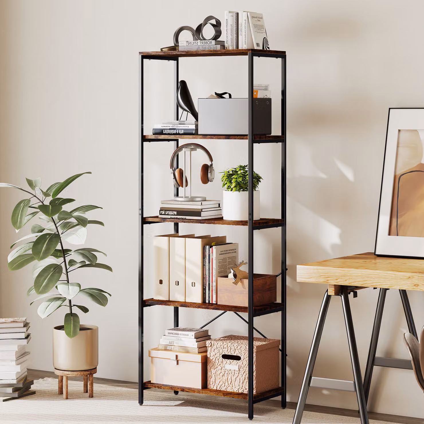 HOMCOM 5-Tier Industrial Bookshelf with Metal Frame in Rustic Brown and Black – 2