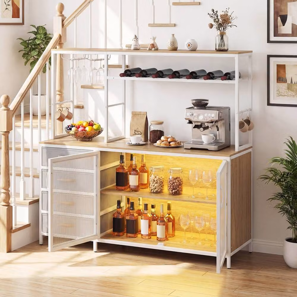 Costway Modern Wine and Coffee Bar Cabinet with Integrated LED Lights and Glass Doors in Sand, Beige or White, H: 137.0 cm, W: 141.0 cm – 2