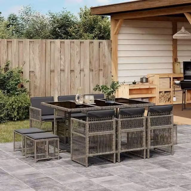 Berkfield Home 11 Piece Grey Poly Rattan Garden Dining Set with Cushions and Glass Top – 1